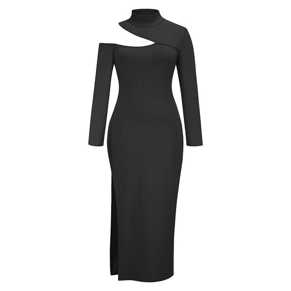 Elegant Side-slit Turtle Neck Solid Color Knitted Dress