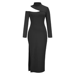 Elegant Side-slit Turtle Neck Solid Color Knitted Dress