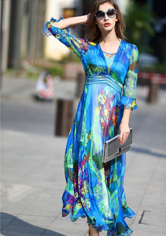 Elegant Silk Print Bohemian Beach Long Maxi Dress