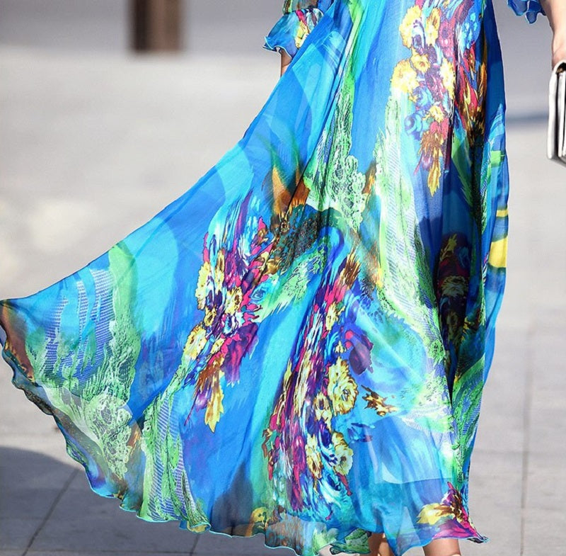 Elegant Silk Print Bohemian Beach Long Maxi Dress