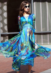 Elegant Silk Print Bohemian Beach Long Maxi Dress