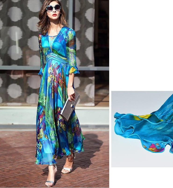 Elegant Silk Print Bohemian Beach Long Maxi Dress