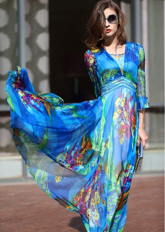 Elegant Silk Print Bohemian Beach Long Maxi Dress