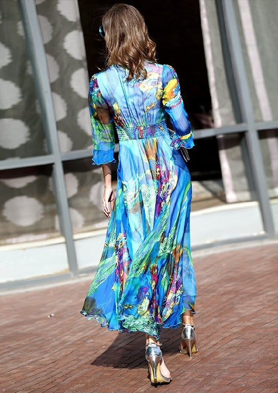 Elegant Silk Print Bohemian Beach Long Maxi Dress