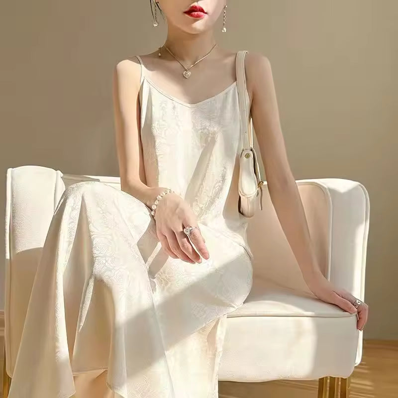 Elegant Silk Sleeveless Loose Long Nightie Home Slip Dress