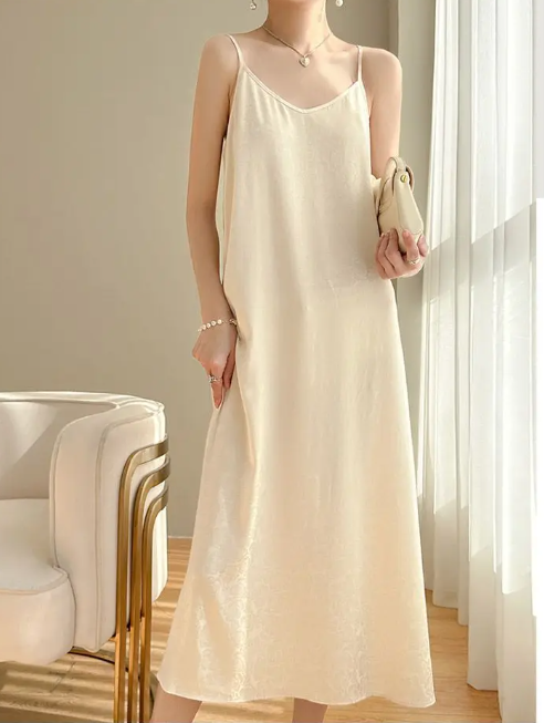 Elegant Silk Sleeveless Loose Long Nightie Home Slip Dress