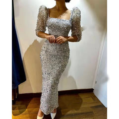 Elegant Simple Sequined Mermaid Beaded Square Collar Three Quarter Sleeve Prom Gowns
