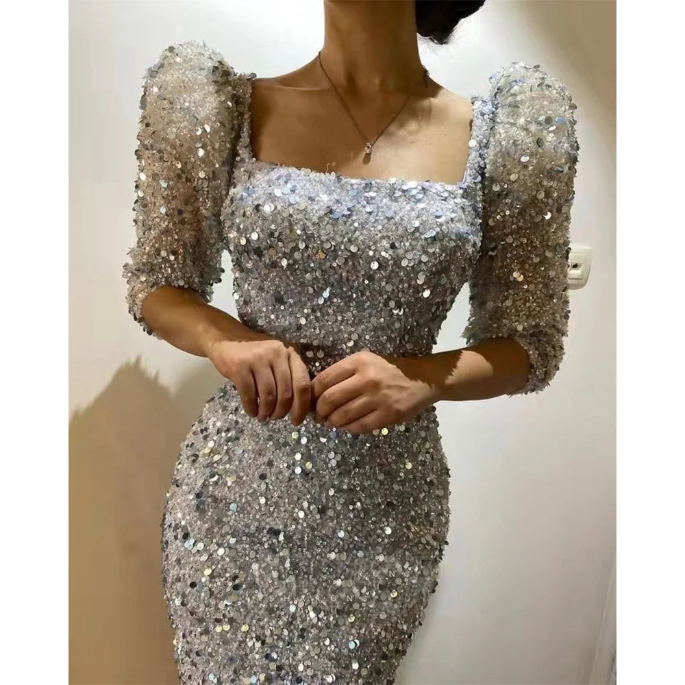 Elegant Simple Sequined Mermaid Beaded Square Collar Three Quarter Sleeve Prom Gowns