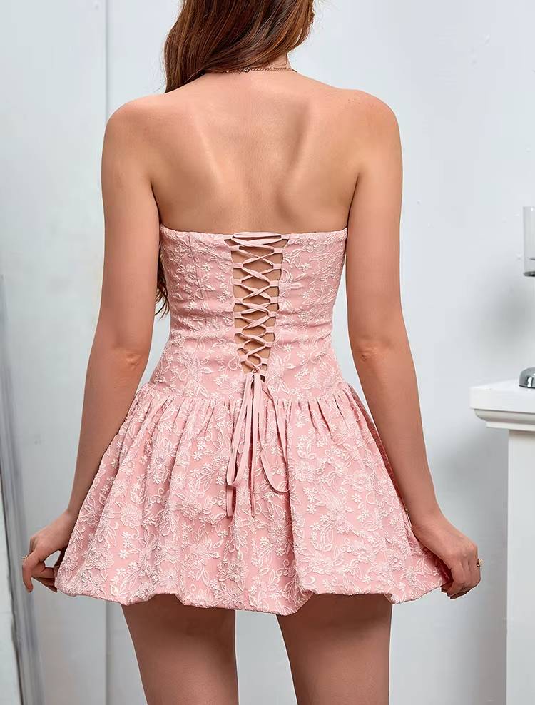 Elegant Single Breasted Backless A-line Strapless Floral Mini Dress