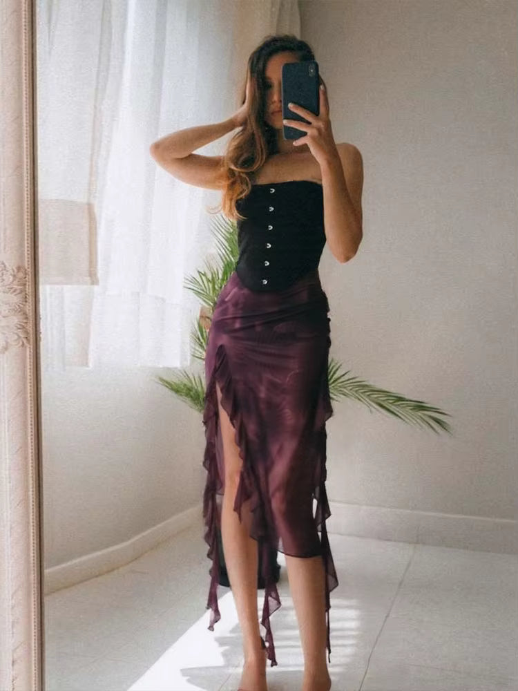 Elegant Single-Breasted Corset Tassel Mesh Skirts Two Piece Set