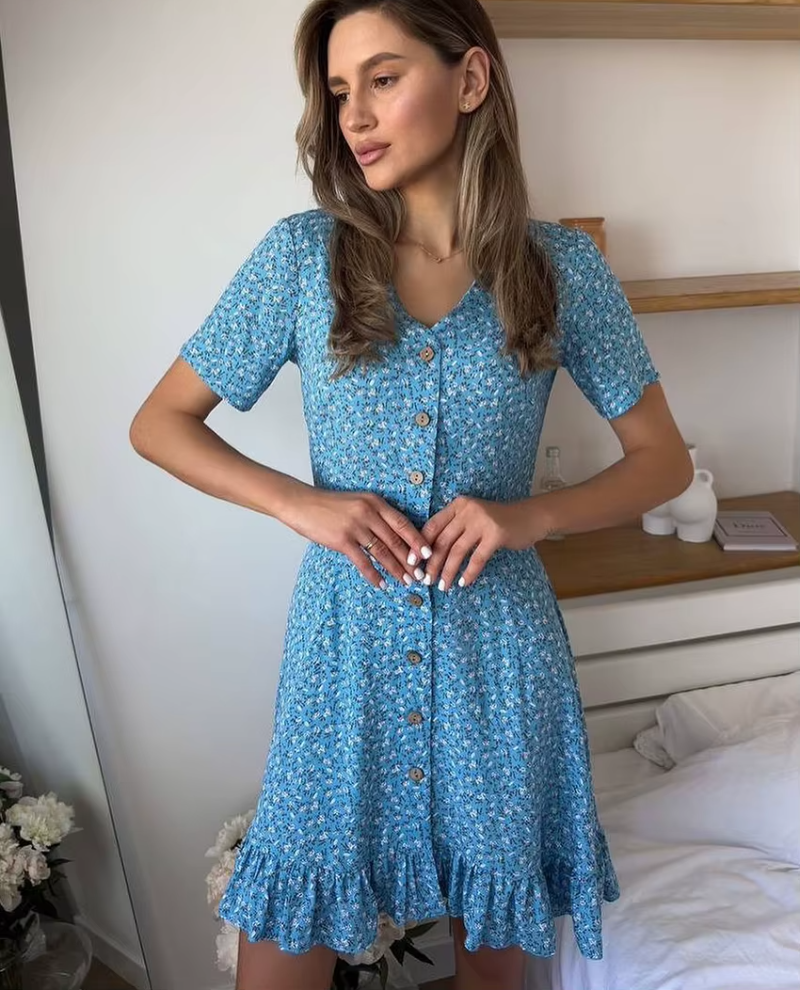 Elegant Single Breasted Pleated Loose Print V-Neck Short Sleeve Mini Dress