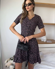 Elegant Single Breasted Pleated Loose Print V-Neck Short Sleeve Mini Dress