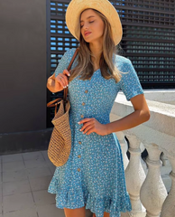 Elegant Single Breasted Pleated Loose Print V-Neck Short Sleeve Mini Dress