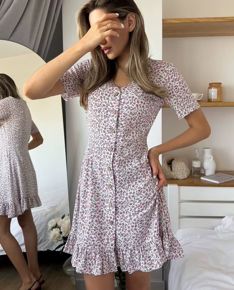 Elegant Single Breasted Pleated Loose Print V-Neck Short Sleeve Mini Dress