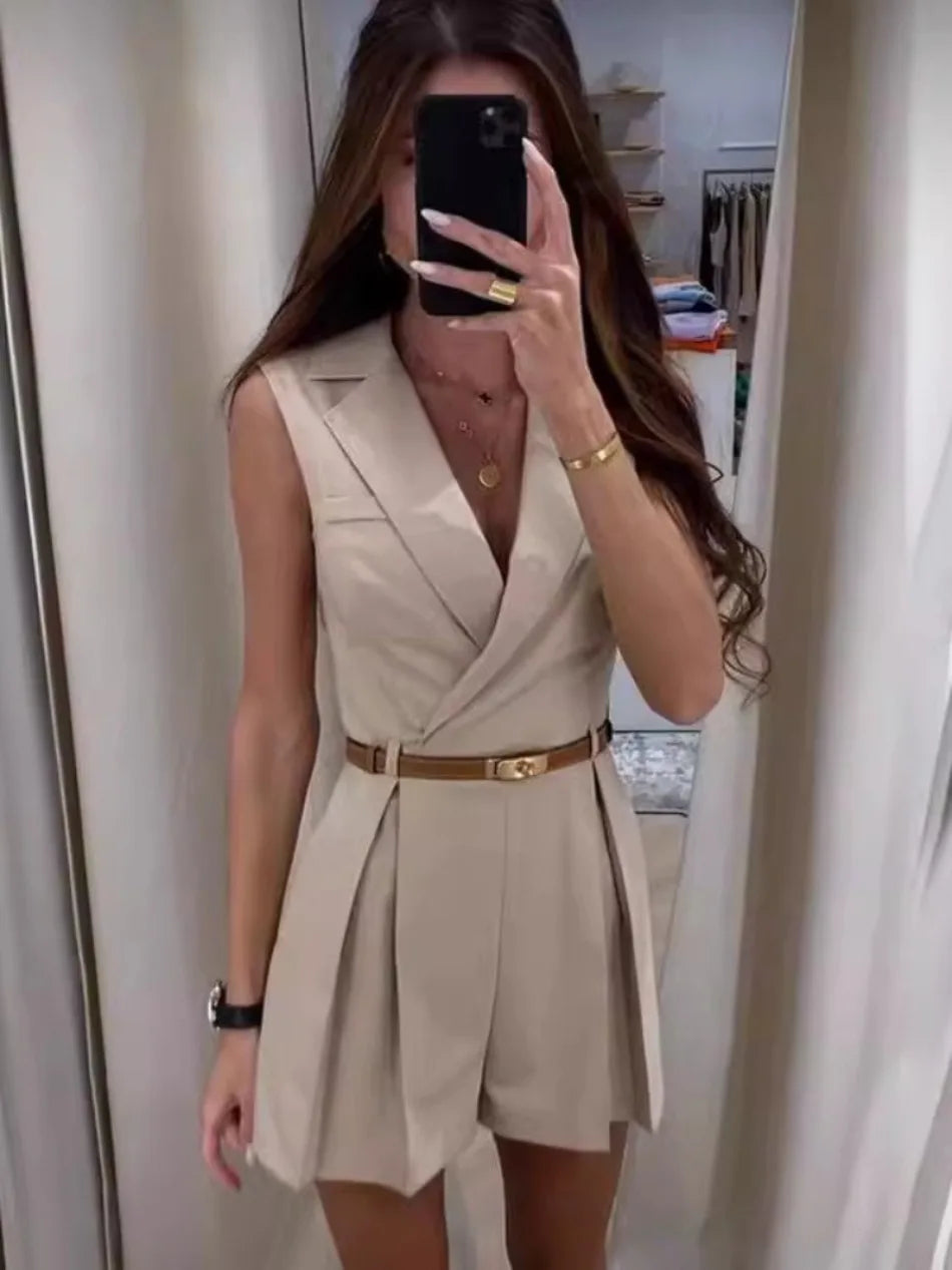Elegant Single Breasted Sleeveless Lapel Slim Office Style Shorts Jumpsuit