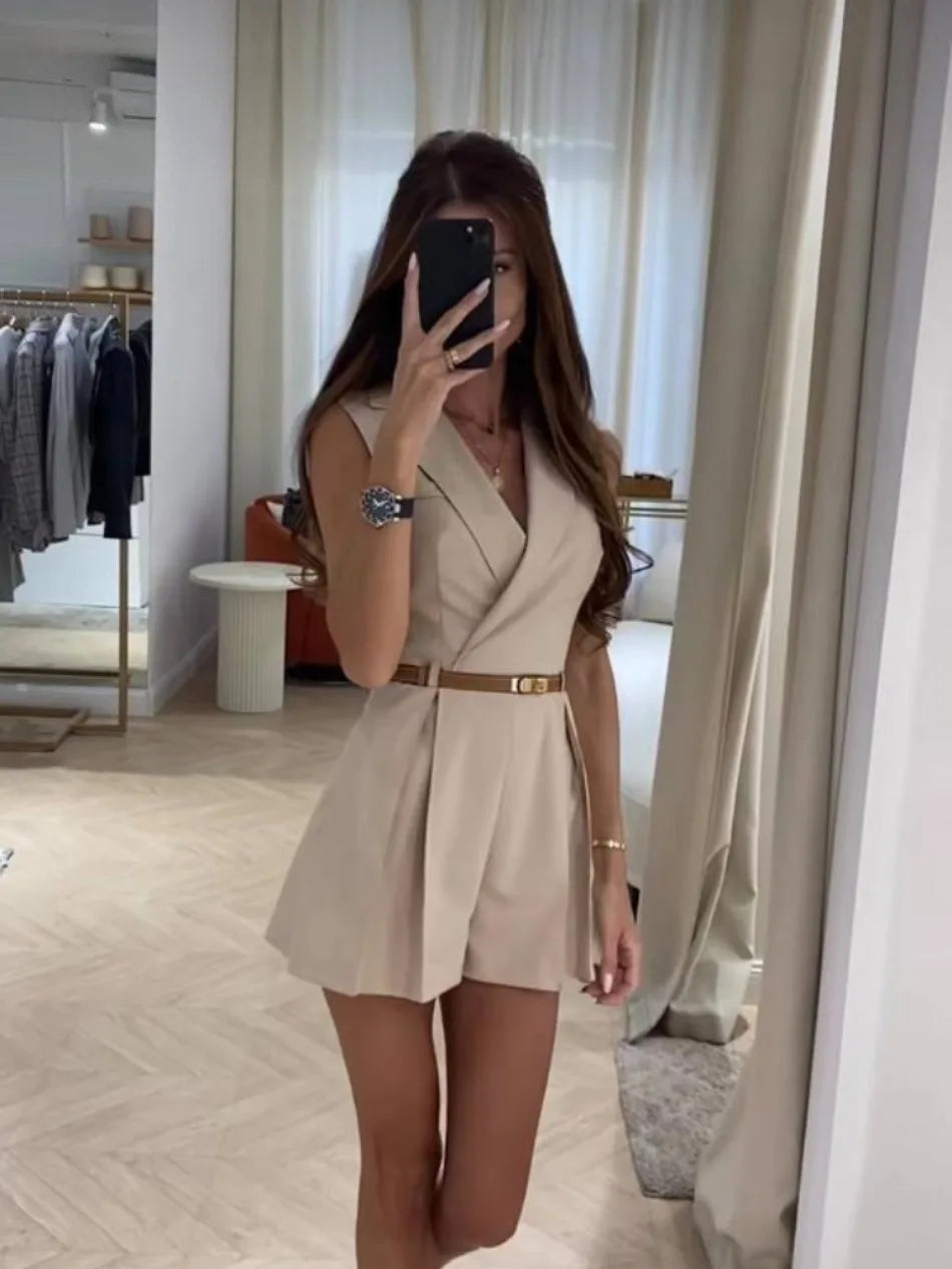 Elegant Single Breasted Sleeveless Lapel Slim Office Style Shorts Jumpsuit