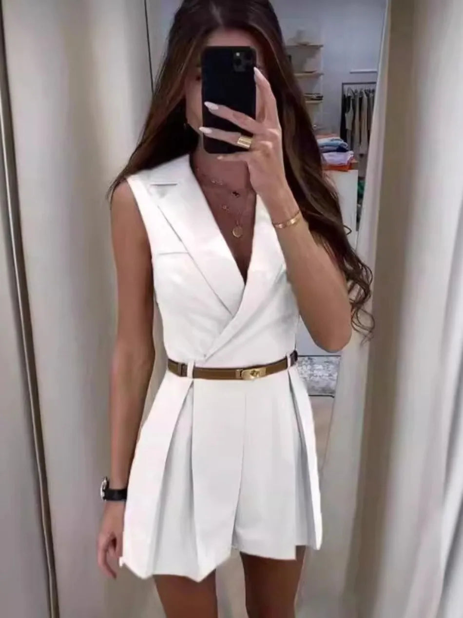 Elegant Single Breasted Sleeveless Lapel Slim Office Style Shorts Jumpsuit