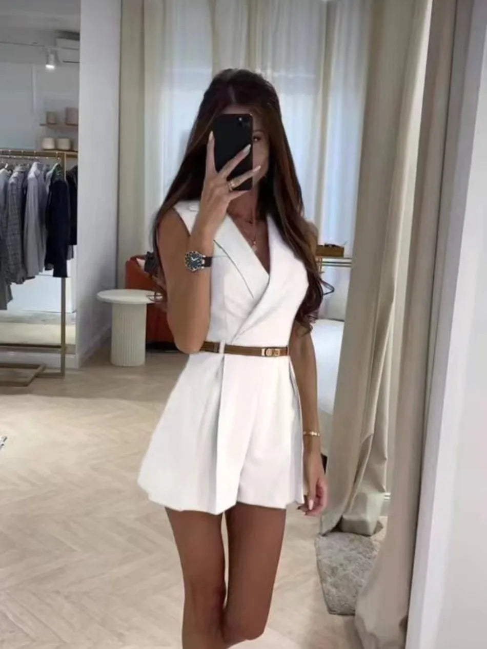 Elegant Single Breasted Sleeveless Lapel Slim Office Style Shorts Jumpsuit