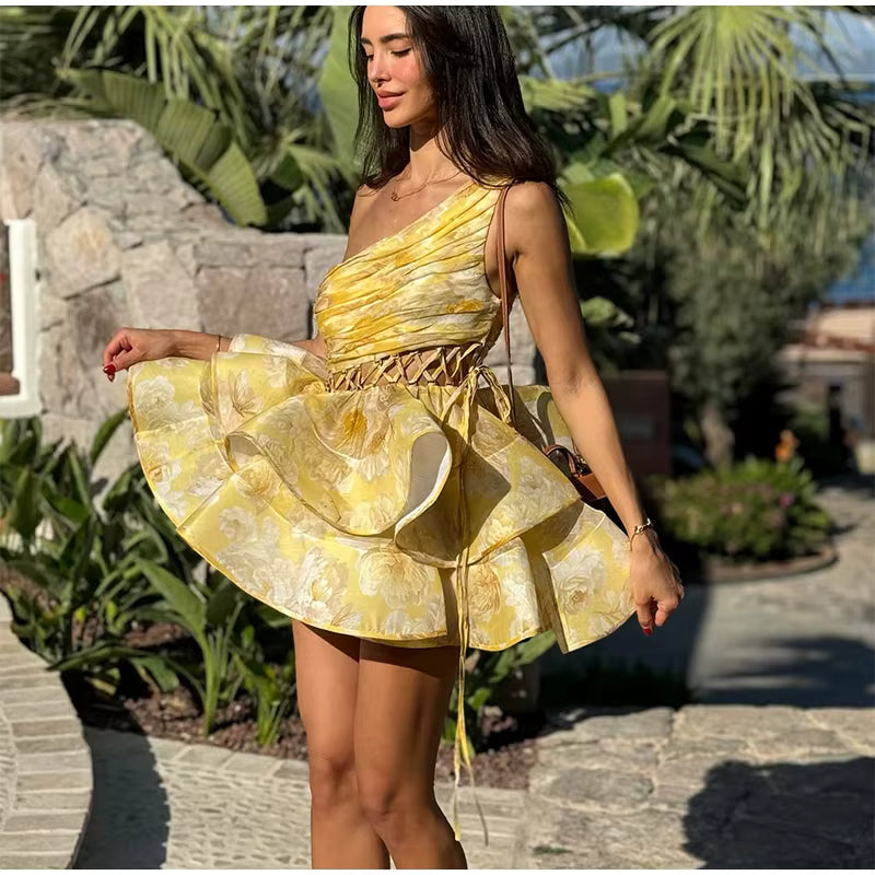 Elegant Single Shoulder Hollow Out Pleated Printed Sleeveless Short Mini Dress