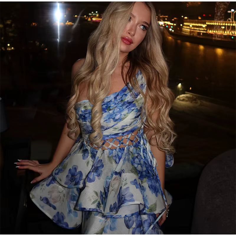 Elegant Single Shoulder Hollow Out Pleated Printed Sleeveless Short Mini Dress