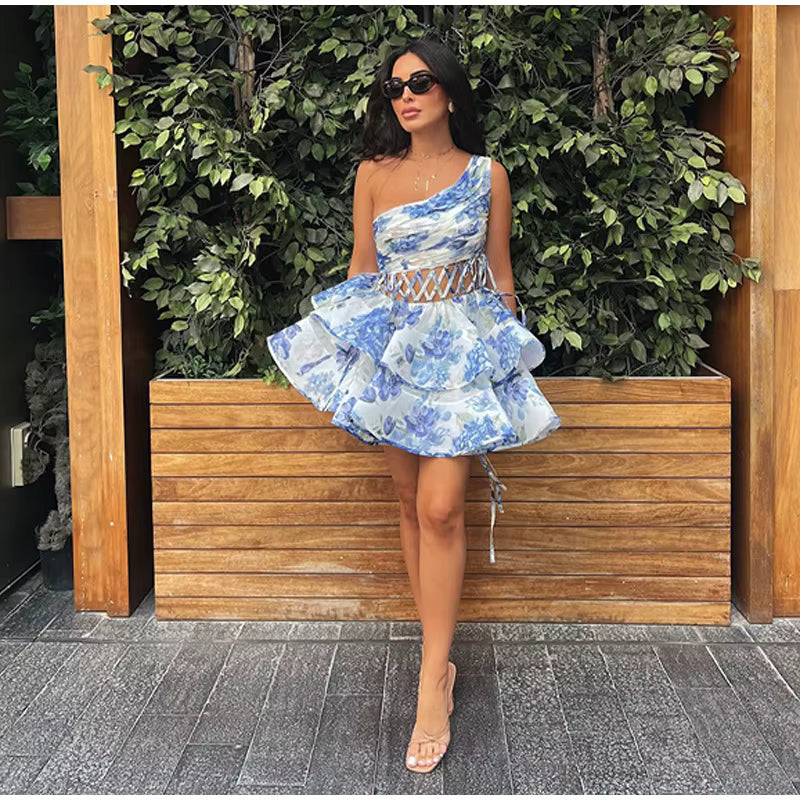 Elegant Single Shoulder Hollow Out Pleated Printed Sleeveless Short Mini Dress