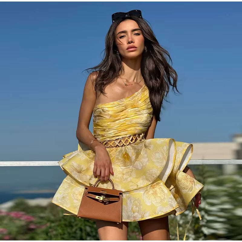 Elegant Single Shoulder Hollow Out Pleated Printed Sleeveless Short Mini Dress