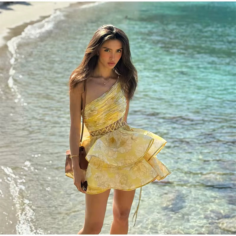 Elegant Single Shoulder Hollow Out Pleated Printed Sleeveless Short Mini Dress
