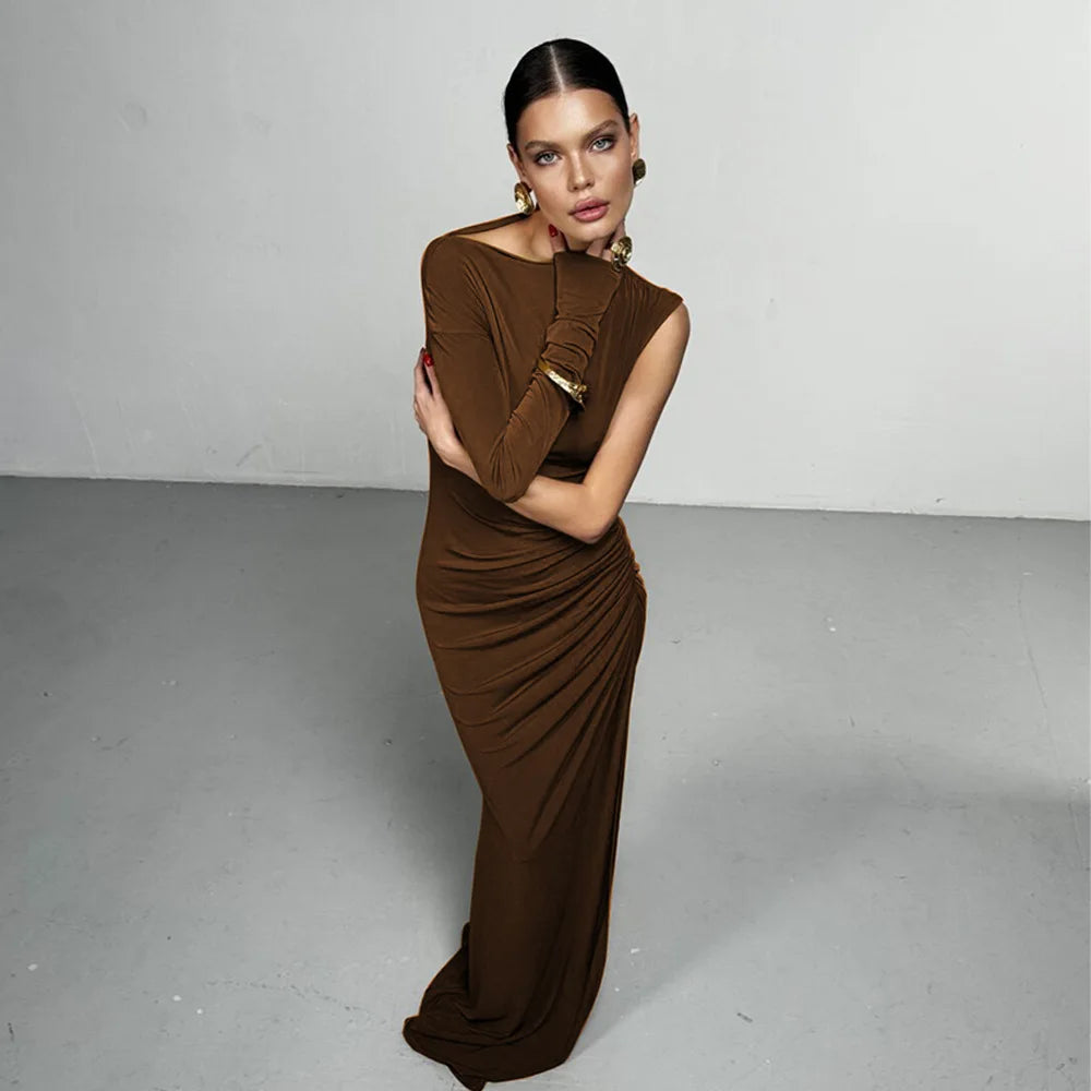Elegant Single Sleeve High Elasticity Tight Fold Party Club Evening Bodycon Dress