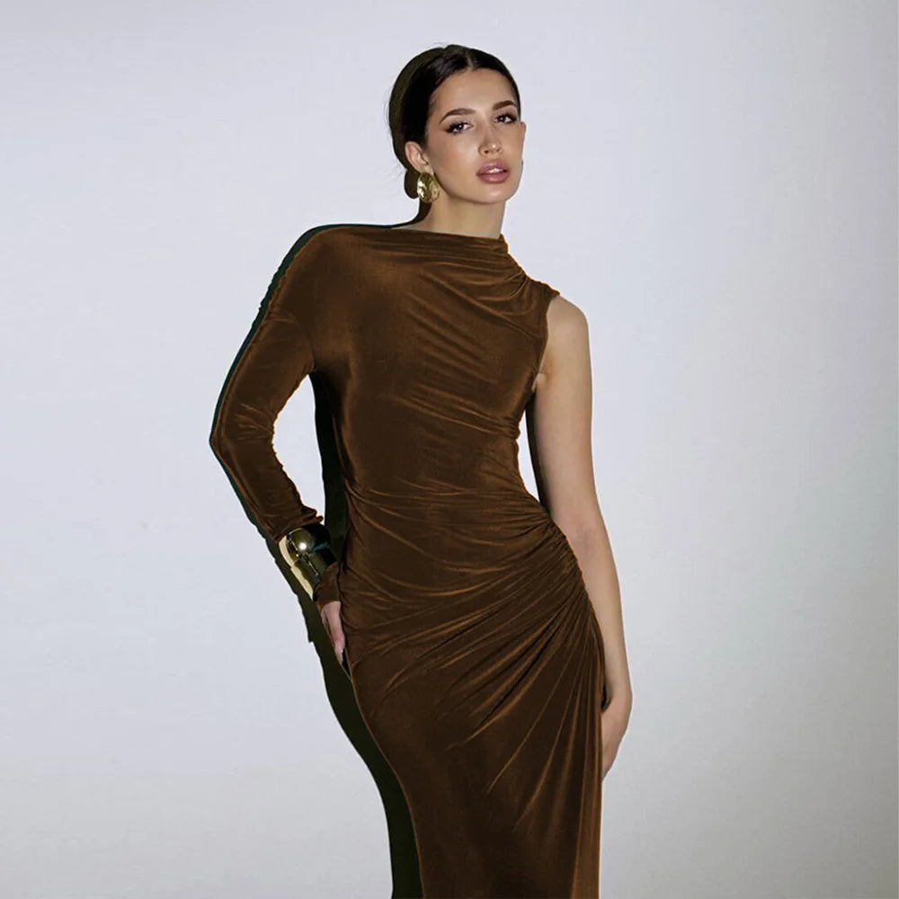 Elegant Single Sleeve High Elasticity Tight Fold Party Club Evening Bodycon Dress