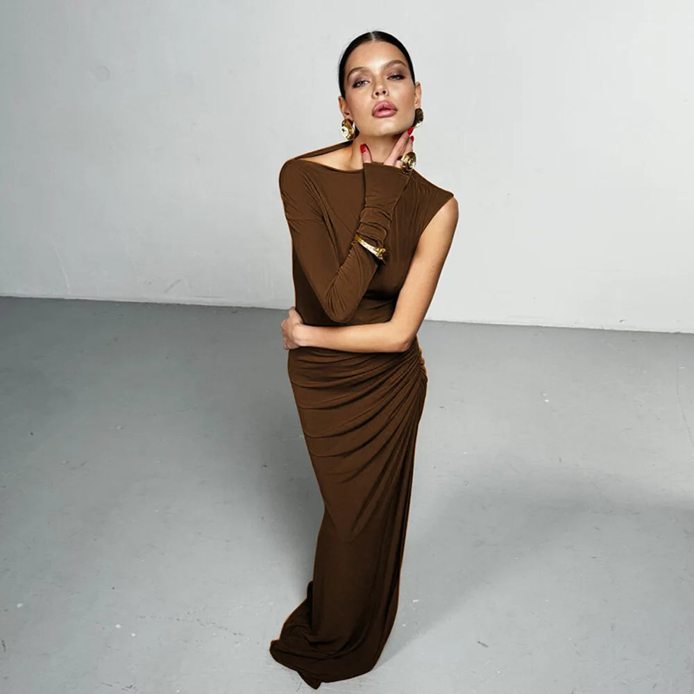 Elegant Single Sleeve High Elasticity Tight Fold Party Club Evening Bodycon Dress