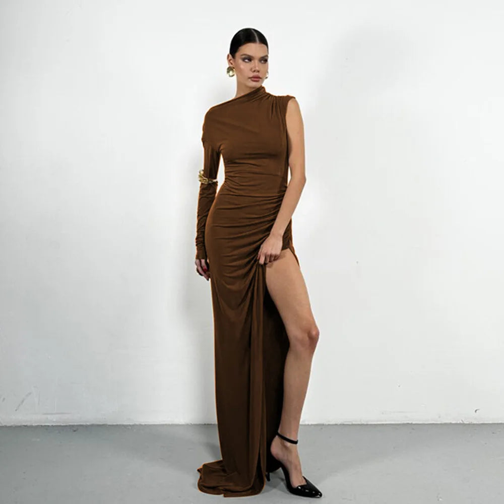 Elegant Single Sleeve High Elasticity Tight Fold Party Club Evening Bodycon Dress