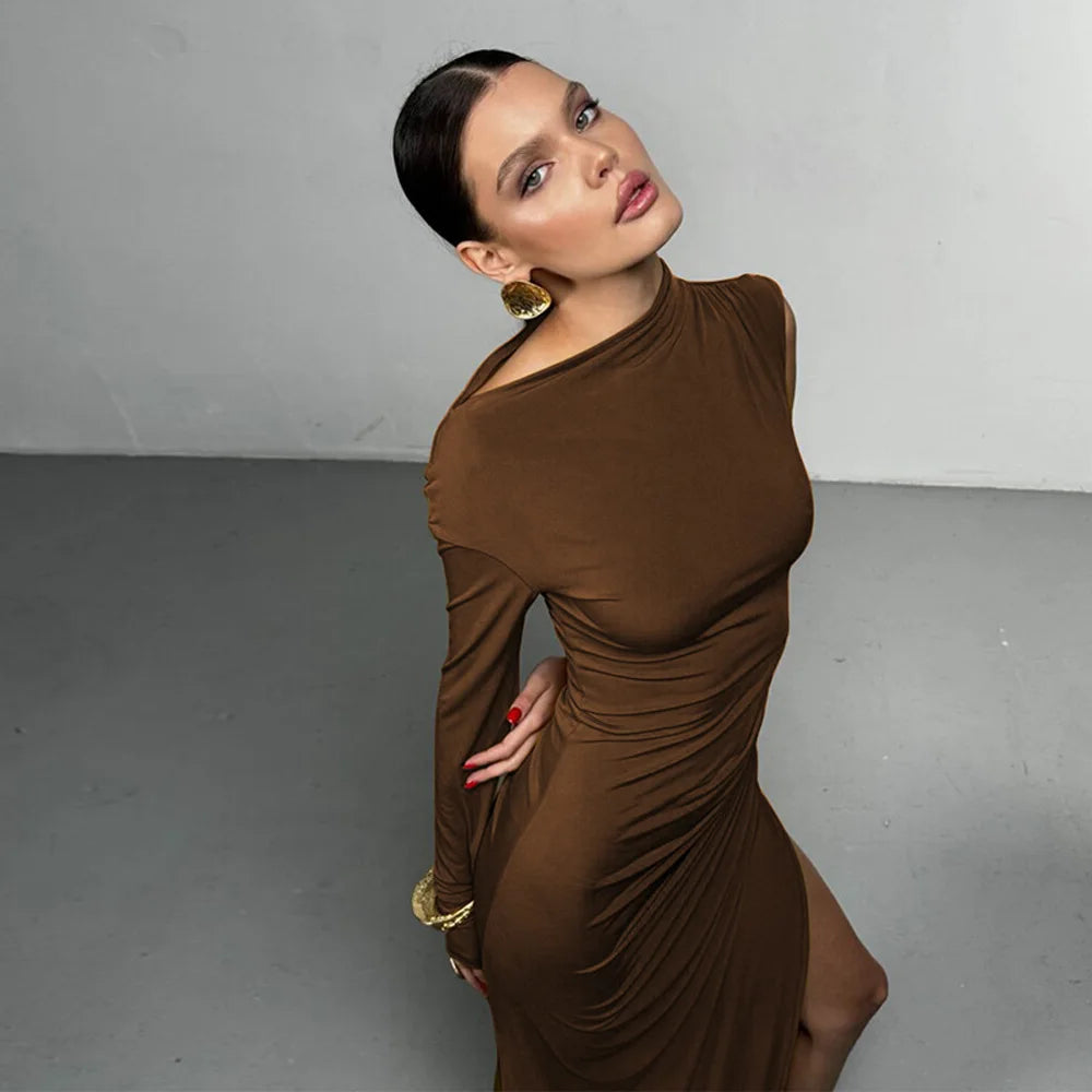 Elegant Single Sleeve High Elasticity Tight Fold Party Club Evening Bodycon Dress