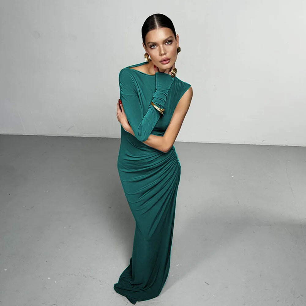 Elegant Single Sleeve High Elasticity Tight Fold Party Club Evening Bodycon Dress