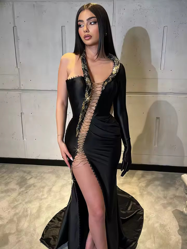 Elegant Single Sleeve Lace Up  Cut Out Laced Long Bodycon Maxi Dress