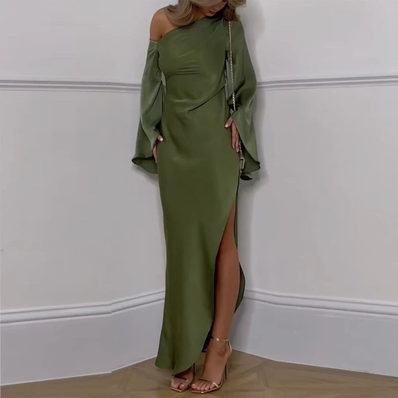 Elegant Skew Collar Backless Flare Sleeve Oblique Shoulder Slit Party Dresses