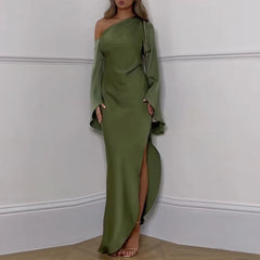 Elegant Skew Collar Backless Flare Sleeve Oblique Shoulder Slit Party Dresses