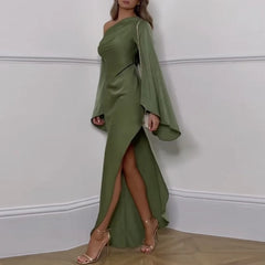 Elegant Skew Collar Backless Flare Sleeve Oblique Shoulder Slit Party Dresses