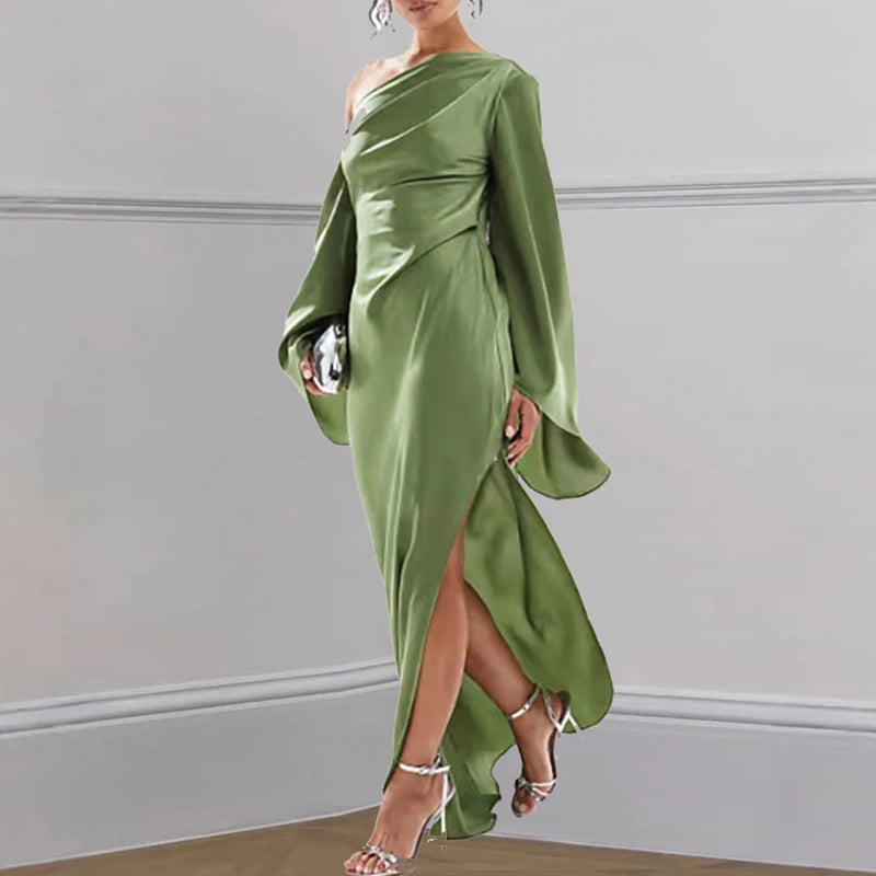Elegant Skew Collar Backless Flare Sleeve Oblique Shoulder Slit Party Dresses