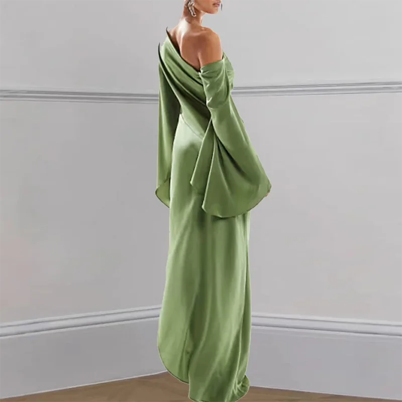 Elegant Skew Collar Backless Flare Sleeve Oblique Shoulder Slit Party Dresses