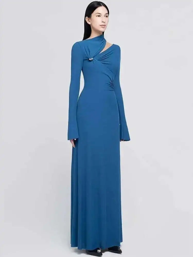 Elegant Skew Collar Hollow Out Metal Decorative Kink Pleated Evening Party Maxi Dresses