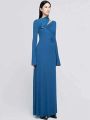 Elegant Skew Collar Hollow Out Metal Decorative Kink Pleated Evening Party Maxi Dresses
