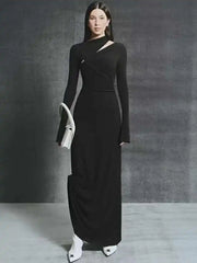 Elegant Skew Collar Hollow Out Metal Decorative Kink Pleated Evening Party Maxi Dresses