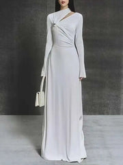 Elegant Skew Collar Hollow Out Metal Decorative Kink Pleated Evening Party Maxi Dresses