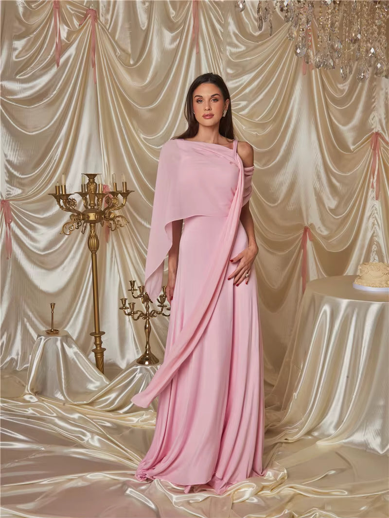 Elegant Skew Collar Off-shoulder Backless Lace-up Cape Sleeve Maxi Dress