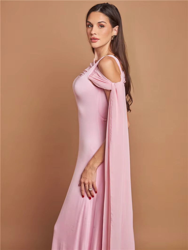 Elegant Skew Collar Off-shoulder Backless Lace-up Cape Sleeve Maxi Dress
