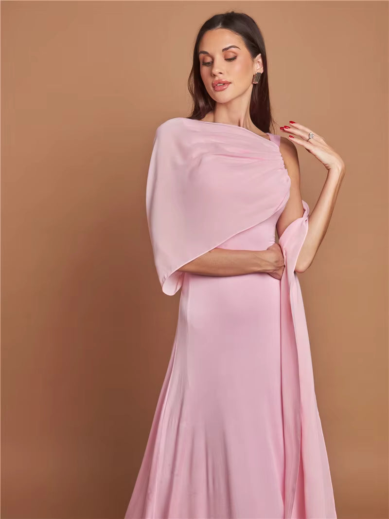 Elegant Skew Collar Off-shoulder Backless Lace-up Cape Sleeve Maxi Dress