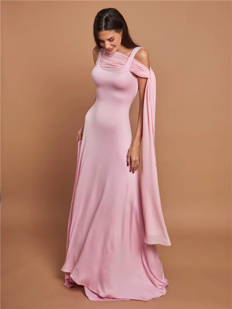 Elegant Skew Collar Off-shoulder Backless Lace-up Cape Sleeve Maxi Dress