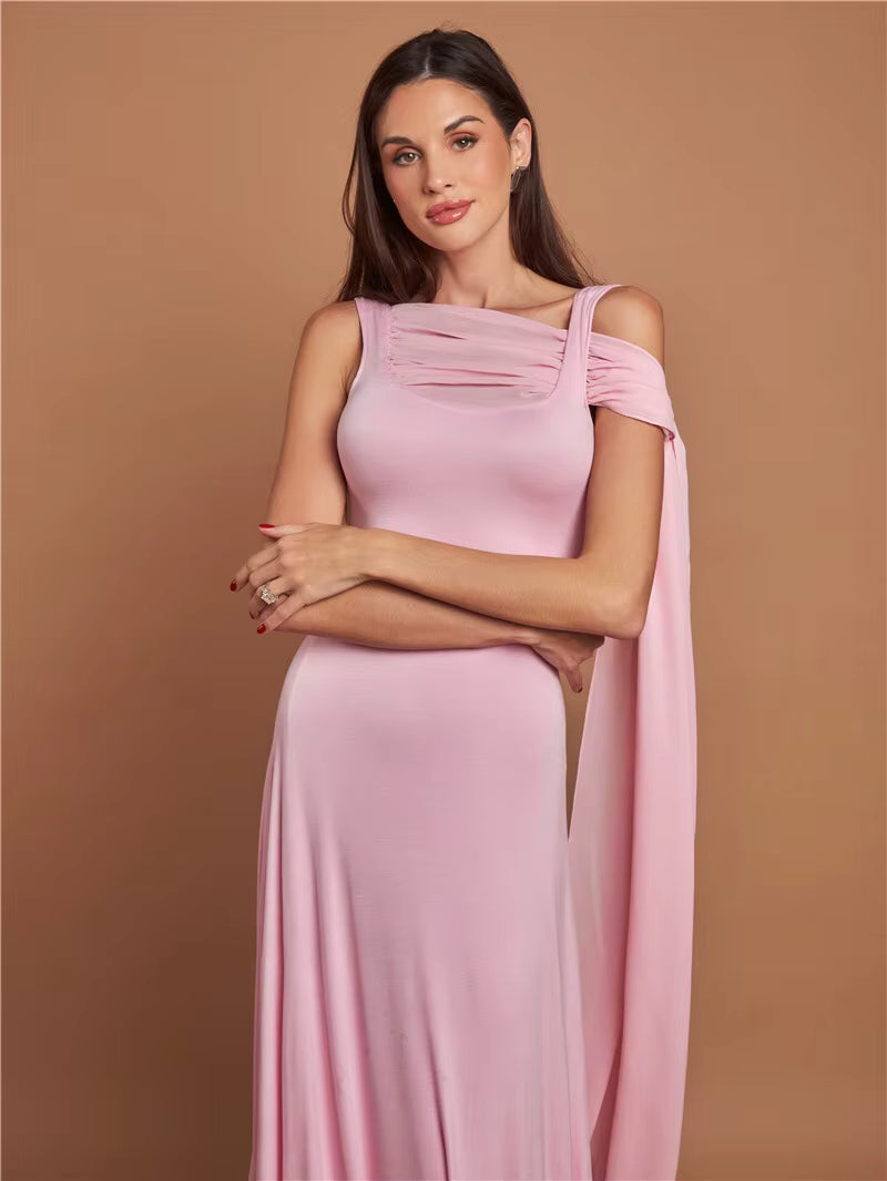 Elegant Skew Collar Off-shoulder Backless Lace-up Cape Sleeve Maxi Dress