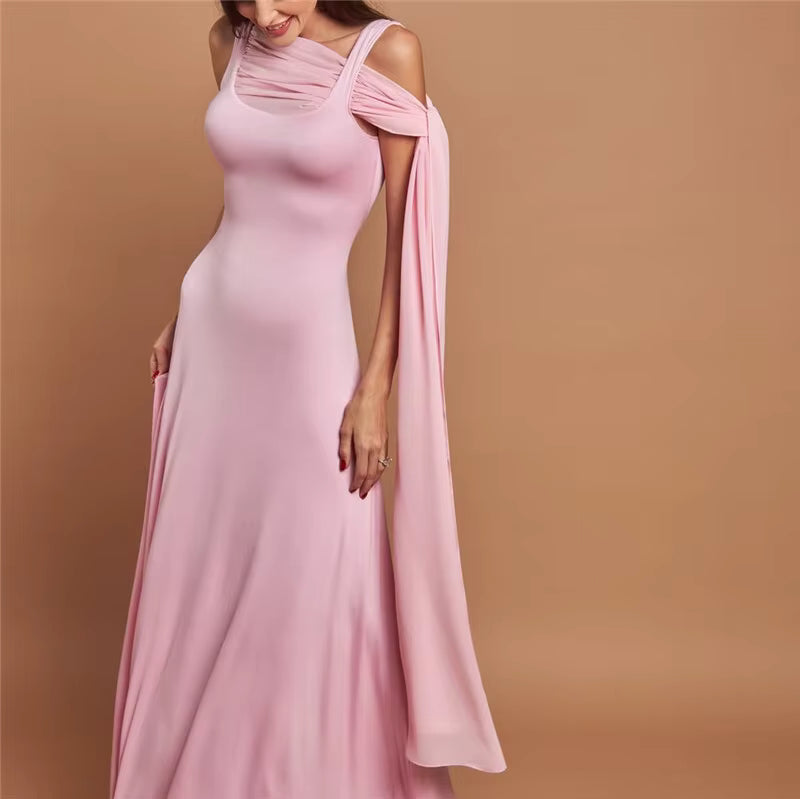 Elegant Skew Collar Off-shoulder Backless Lace-up Cape Sleeve Maxi Dress