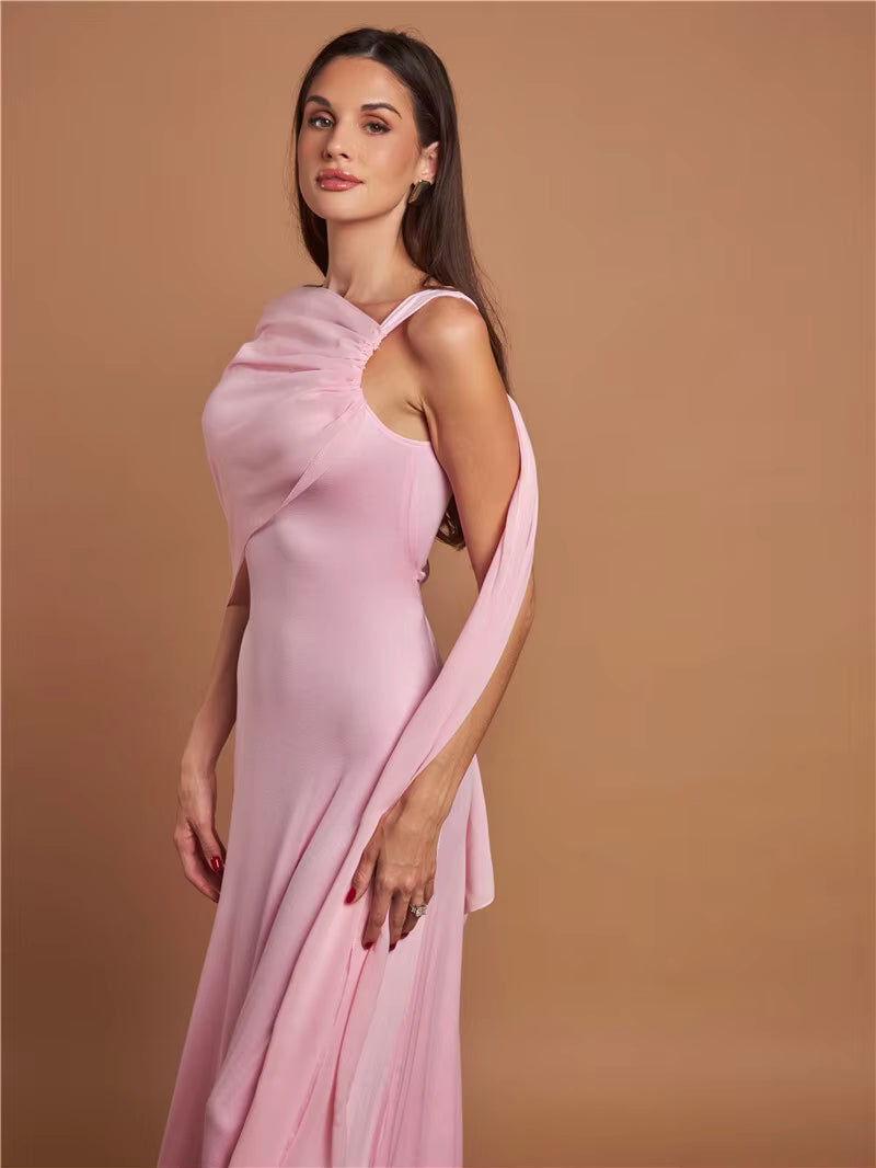 Elegant Skew Collar Off-shoulder Backless Lace-up Cape Sleeve Maxi Dress